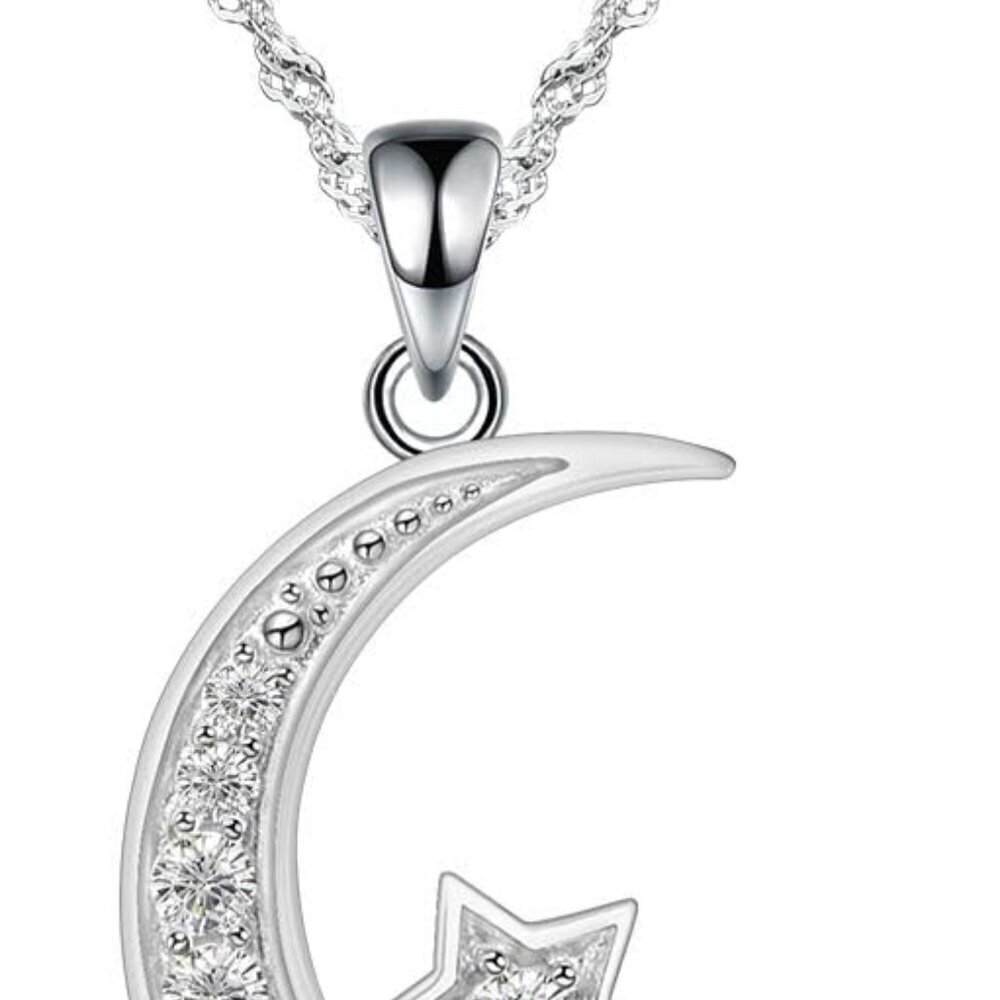 Sterling Silver Crescent Moon Star Necklace Cubic Zirconia Jewelry for Teen & Wo